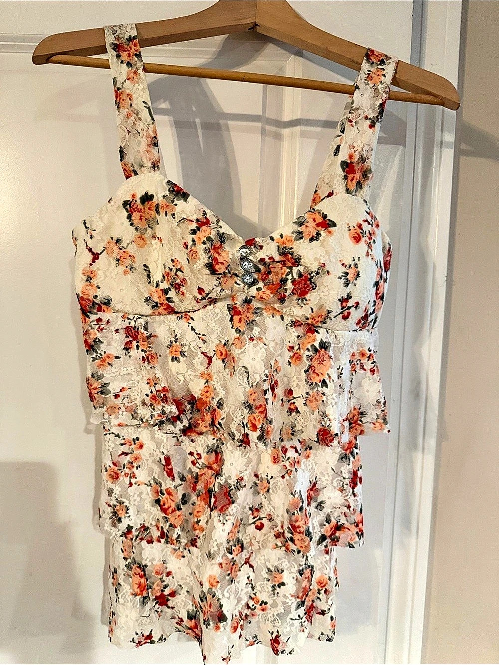 dots Lacy Floral tiered tank in White & Orange Size Large NWT
